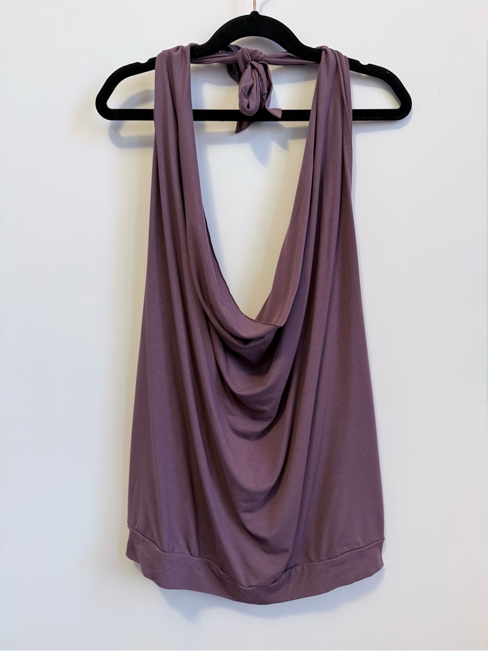 The OM Collection Draped Cowl Neck Halter Top Open Back Mauve Purple